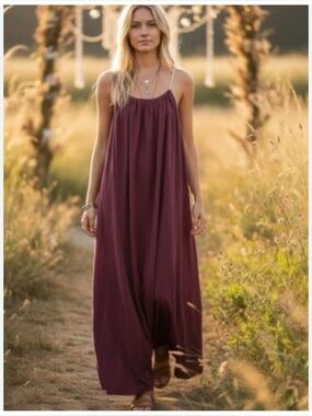 New! Jaded Gypsy Burgundy Maxi Dress With Natural Rope Ties Halter ONE SIZE